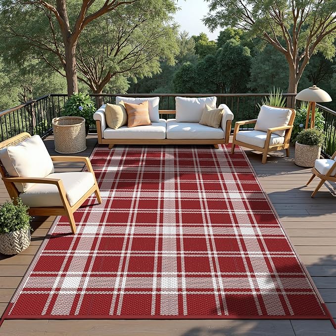 GENIMO Waterproof Outdoor Rug for Patio Clearance, 8'x10' Reversible Plastic Straw Rugs, Lightweight RV Camping Mat for Camper, Balcony, Deck, Backyard, Picnic, Red & White