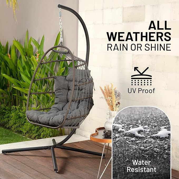 SereneLife Foldable Egg Chair with Stand – Hanging Rattan Wicker Swing for Indoor Outdoor Use – 350 lbs Capacity, Breathable Cushion & Headrest – Patio, Balcony, Porch, Bedroom Lounge Furniture