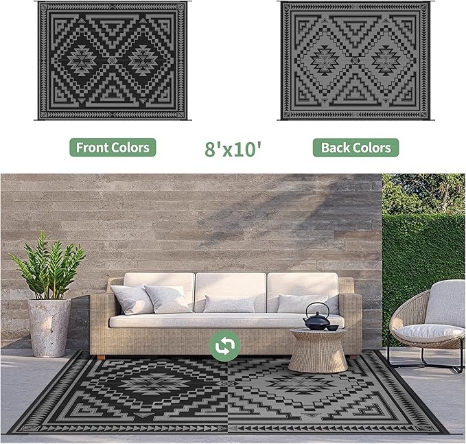 GENIMO Outdoor Rug for Patio Clearance, 8x10 ft Waterproof Mat,Reversible Plastic Camping Rugs, Rv, Porch, Deck, Camper, Balcony, Backyard, Black and Grey
