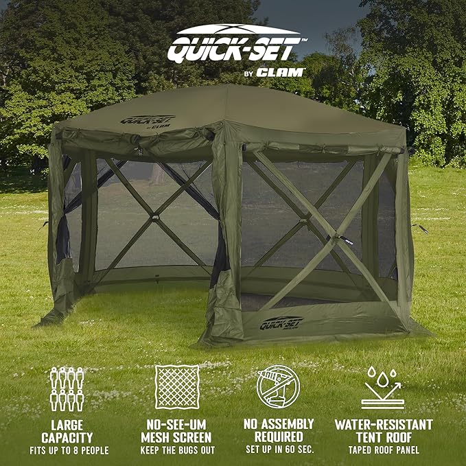 CLAM Pop Up Screen Tent, Outdoor Camping Gazebo Canopy, Pavilion, 12.5', Green - Heavy-Duty Portable Screened Shelter with Netting for Beach, Patio, and Backyard
