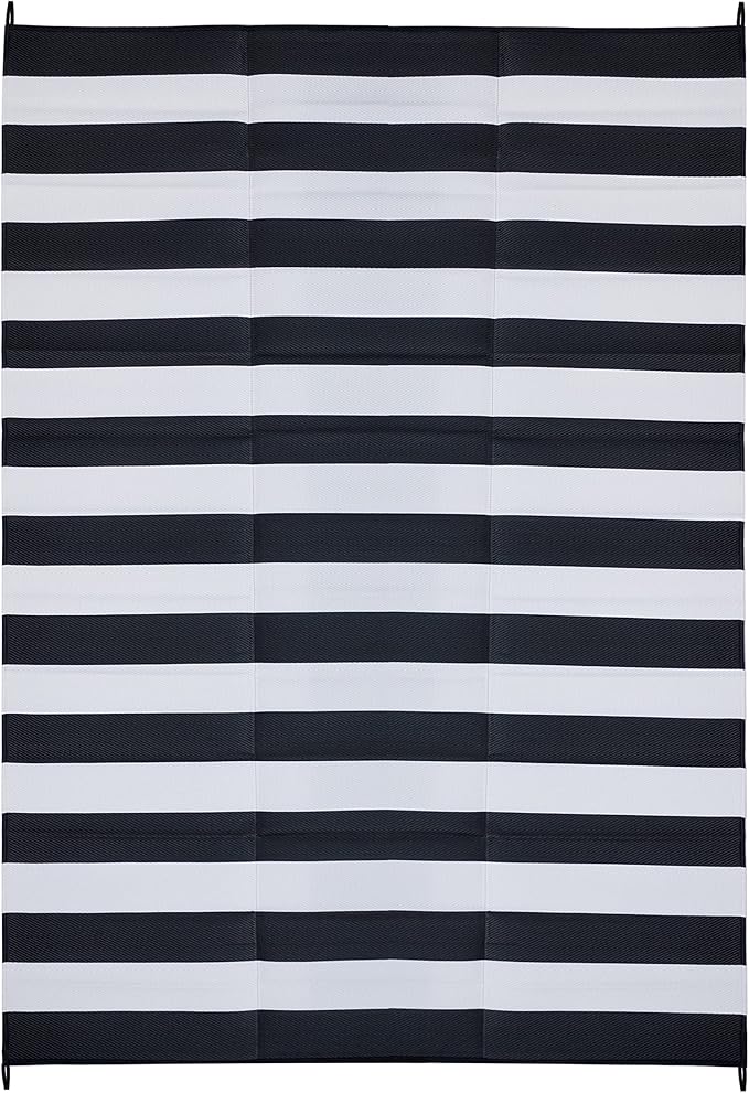 FH Home Outdoor Camping Rug - Waterproof, Fade Resistant, Reversible - Premium Recycled Plastic - Striped - Large Patio, Deck, Sunroom, RV - Brittany Stripe - Black & White - 9 x 12 ft Foldable