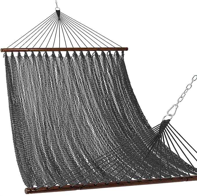 Lazy Daze Hammocks 10.5 FT Double 2 Person Caribbean Rope Hammock, Hand Woven Polyester Hammock with Spreader Bars, for Outside Outdoor Backyard Patio Poolside,450 LBS Capacity, Gray