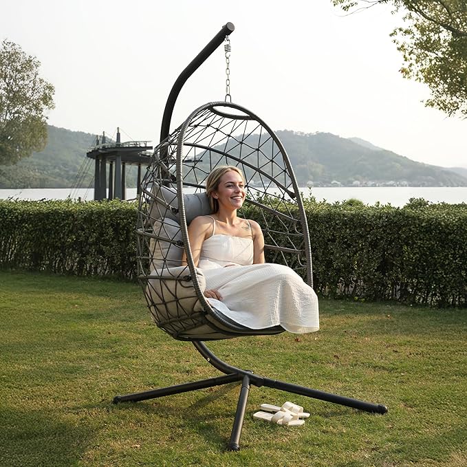 RoyalCraft Hanging Egg Chair Outdoor Swing Chair with Stand, Hammock Chair Indoor, Patio Boho Wicker Hanging Chair with Stand 350lbs Capacity for Garden, Balcony, Bedroom, Black & Gray