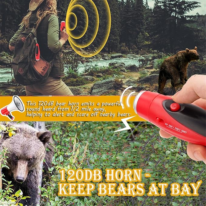 120dB Electronic Bear Horn to Scare Bears- Loud Air Horn for Safety Hiking Camping Emergency Whistle Can Replace Bear Bell