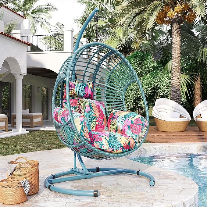 Hanging Egg Chair with Stand - Egg Swing Chair Outdoor Indoor Patio Wicker Chair Swing Hammock Egg Chairs 400lbs Capacity for Outside Patio, Bedroom, Garden and Balcony (Blue-Regular, 1 PC)