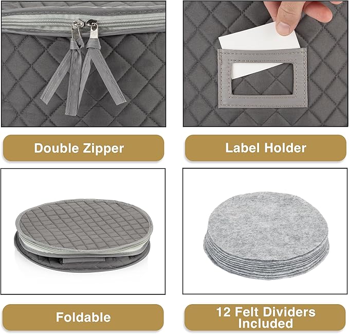 China Storage Case - Saucer or Small Plate Quilted Case - 7" diameter x 6" height - Gray - Includes 12 Felt Separators -Stackable With Padded Interior - Great for Appetizer Plates