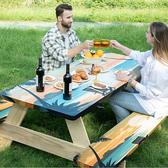 72 X 30 Inch Elastic Fitted Camping Table Cover with Bench Covers & Storage Bag, Picnic Tablecloth, Fits 6ft Picnic Tables,Washable & Reusable, Spill Resistant,Waterproof - Tropical Beach