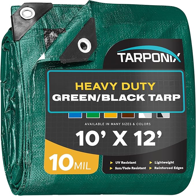 10' x 12' Dual-Sided Heavy-Duty Tarp – 10 Mil Tear-Resistant Green & Black Cover with Reinforced Edges and Anti-Rust Grommets