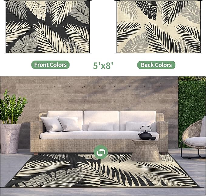 GENIMO Outdoor Rug 5' x 8' Waterproof for Patios Clearance, Reversible Outdoor Plastic Straw Camping Rug Carpet, Large Area Rugs Mats for RV, Picnic, Backyard, Deck, Balcony, Porch, Beach, Black&Beige