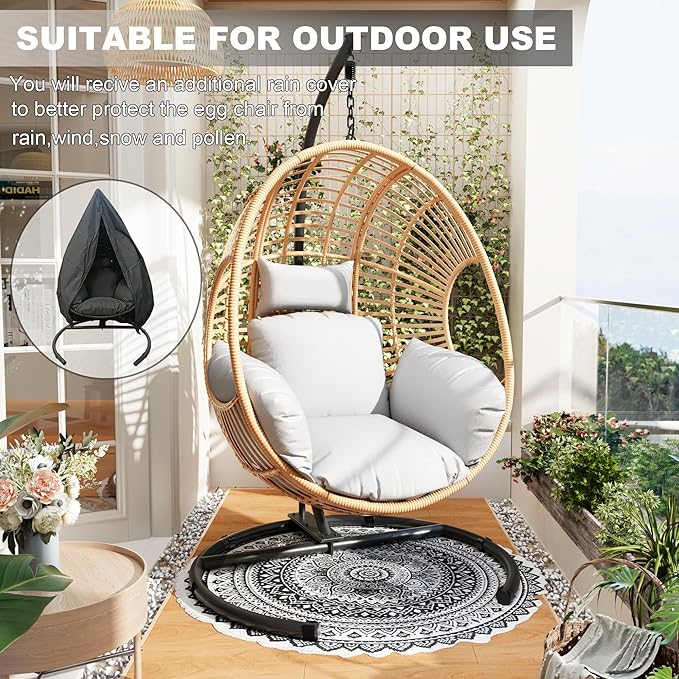 Oversized Hanging Egg Chair Set of 2 Outdoor Indoor, Wicker Swing Egg Chair with Stand 400lbs Capacity for Bedroom, Patio, Garden and Balcony