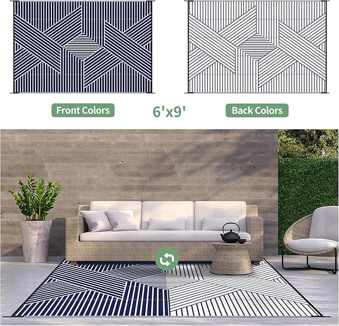 GENIMO Outdoor Rug for Patio Clearance,6'x9' Waterproof Mat,Reversible Plastic Camping Rugs,Rv,Deck,Porch,Camper,Balcony,Backyard (Blue & White)