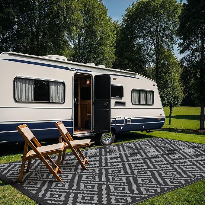 GENIMO Outdoor Rug for Patio Clearance,10x14 Waterproof Large Mat,Reversible Plastic Camping Rugs,Rv,Porch,Deck,Camper,Balcony,Backyard (Black & Grey)