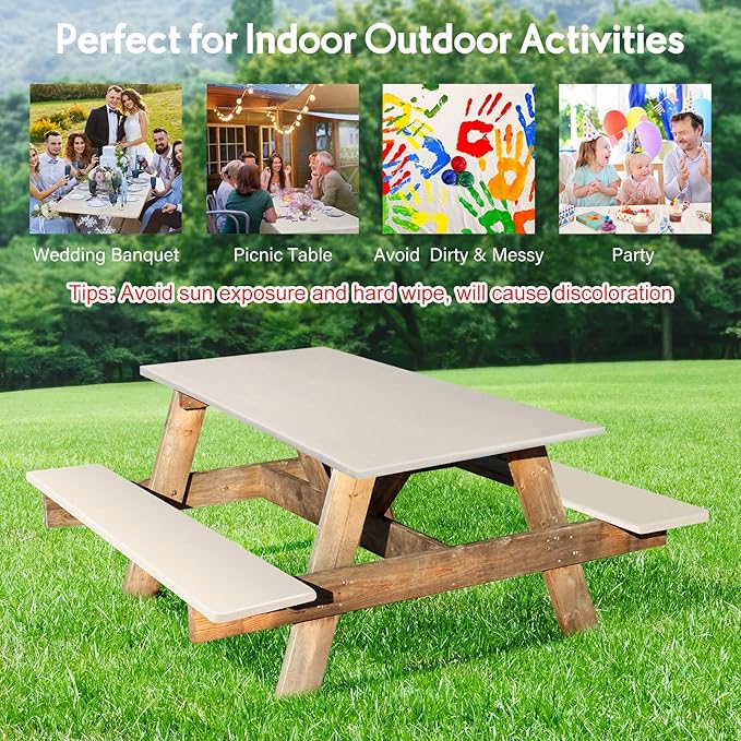 3 Pcs Picnic Table and Bench Fitted Tablecloth Cover for 6 Ft Table 30 x 72 Inch Vinyl Fitted Elastic Edges Waterproof Wipeable Tablecloth for Indoor Outdoor Travel Picnics Patio Camping (Beige)