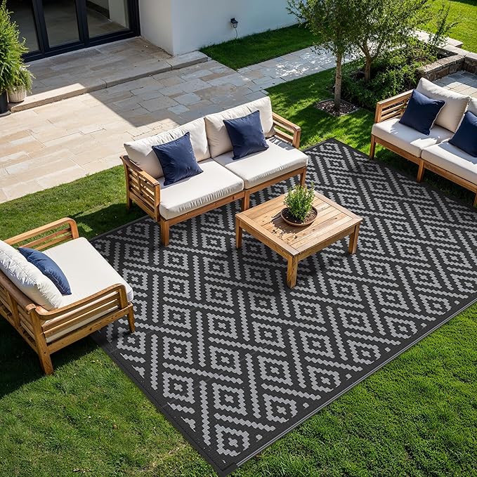 GENIMO Outdoor Rug Waterproof, 10' x 10' Reversible Plastic Straw Rug, Lightweight Large RV Camping Mat for Patio, Deck, Camper, Balcony, Backyard, Picnic, Black & Gray