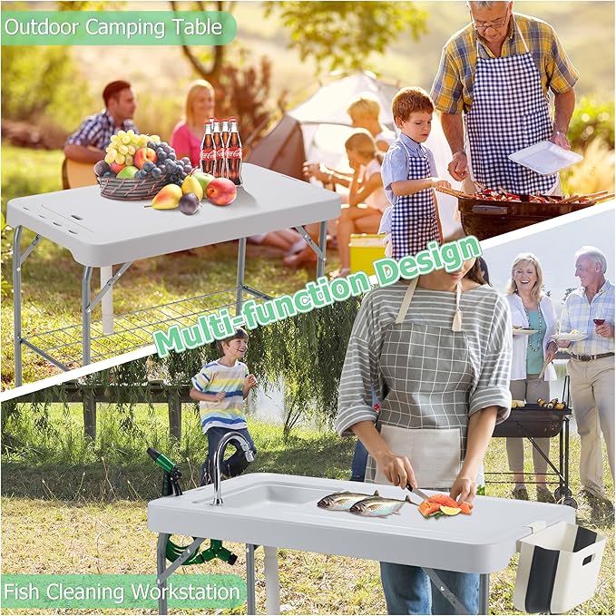 Dragosum Outdoor Sink Fish Cleaning Table Portable Camping Table with Faucet Hose Hook Up Grid Rack, Fish Fillet Camping Sink Table with 7pc Fish Cleaning Kit for Picnic Beach Patio(Grey)