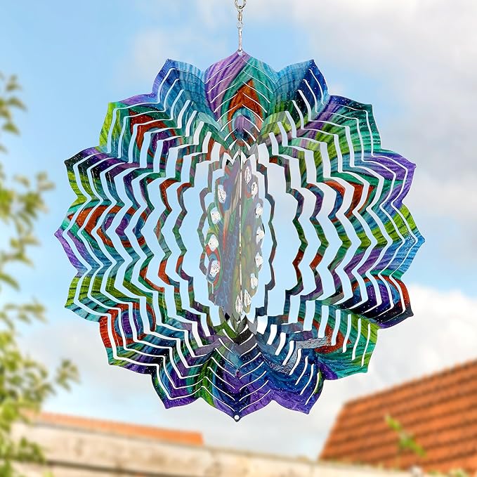 Exhart Wind Spinner, Peacock Mandala Hanging Wind Sculpture, 3D Laser Cut Patterns with Bead Details, Metal Outdoor Garden Decoration, Multicolor Lawn and Yard Art, 12 Inch