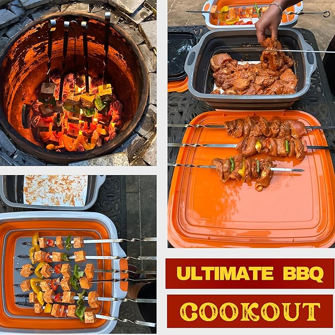 Collapsible Large (8L) BBQ Marinating Tub w/Cutting Board | Multipurpose Food-Grade TPE Prep Tub w/Lid | Built-in Colander & Drain Plug - for Camping | Tailgate | Picnic - Bold Orange