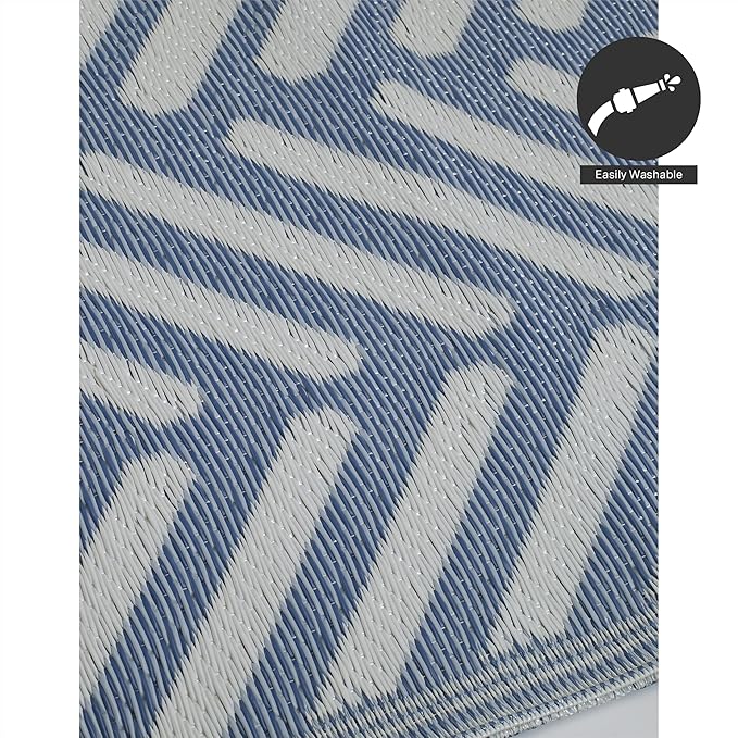 FH Home Outdoor Camping Rug - Waterproof, Fade Resistant, Reversible - Premium Recycled Plastic - Herringbone - Large Patio, Deck, Sunroom, RV - Fresno - Light Blue - 5 x 8 ft Foldable