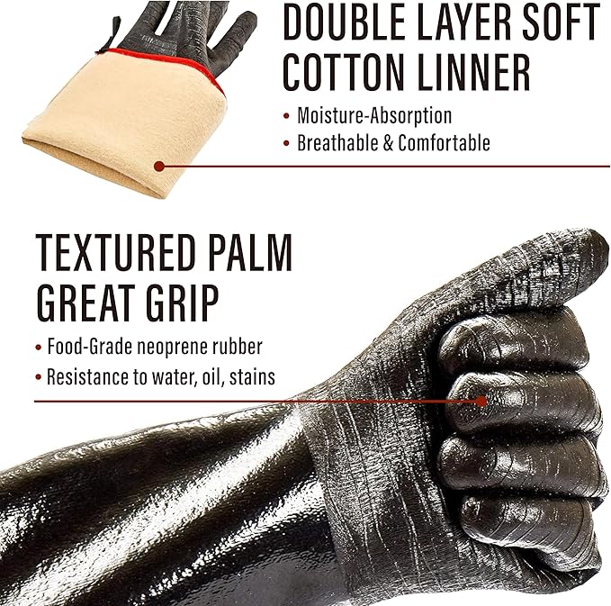 RAPICCA 932°F Heat Resistant BBQ Grill Gloves: Oil Resistant Waterproof for Smoking Grilling Cooking Barbecue Deep Frying Turkey Rotisserie Handling Hot Greacy Meat Stocking Stuffers - Long Sleeve