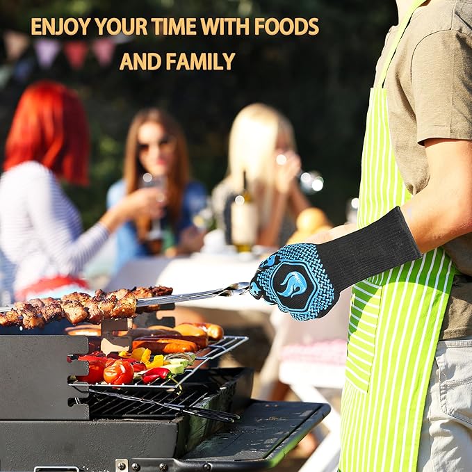 BBQ Fireproof Gloves, Grill Cut-Resistant Gloves 1472°F Heat Resistant Gloves, Non-Slip Silicone Oven Gloves, Kitchen Safe Cooking Gloves for Oven Mitts,Barbecue,Cooking, Frying,13.5 Inch-Sky Blue