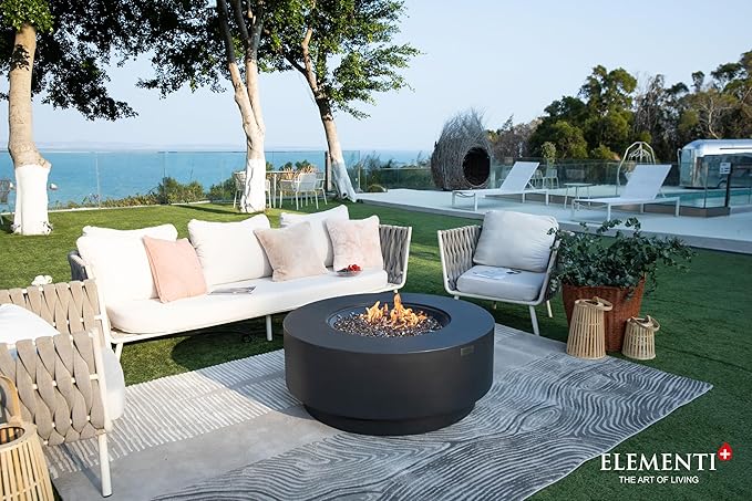 Elementi+ | Bundle Nimes Gas Fire Pit Cast Concrete 40" Dia. Round Fire Table, Outdoor Fire Pit Electronic Ignition | Canvas Cover, Fire Glass and Burner Lid Included | Dark Gray | Propane Gas