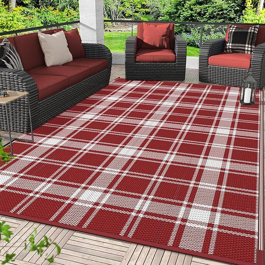 GENIMO Waterproof Outdoor Rug for Patio Clearance, 8'x10' Reversible Plastic Straw Rugs, Lightweight RV Camping Mat for Camper, Balcony, Deck, Backyard, Picnic, Red & White