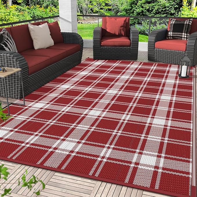 GENIMO Waterproof Outdoor Rug for Patio Clearance, 6'x9' Reversible Plastic Straw Rugs, Lightweight RV Camping Mat for Camper, Balcony, Deck, Backyard, Picnic, Red & White