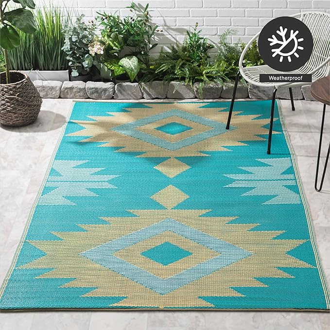 FH Home Outdoor Rug - Waterproof, Fade Resistant, Reversible - Premium Recycled Plastic - Geometric - Patio, Deck, Porch, Balcony - Bursa Kilim - Teal Crease Free - 4 x 6 ft