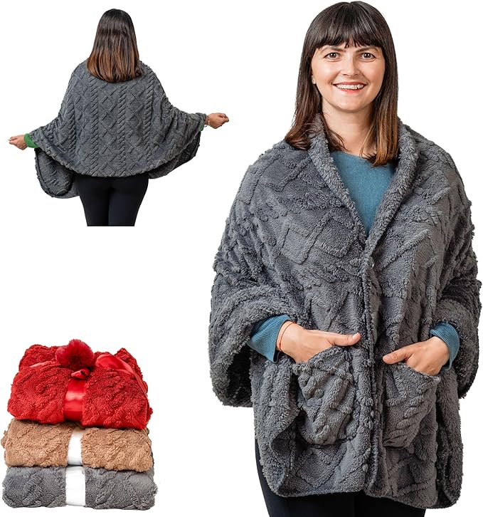 Boho Chic Wearable Blanket -No Sleeves Drape and Go - Lightweight Wrap Shawl - Lap Blanket - Gifts for Grandma and Mom (Jacquard - Anthracite)