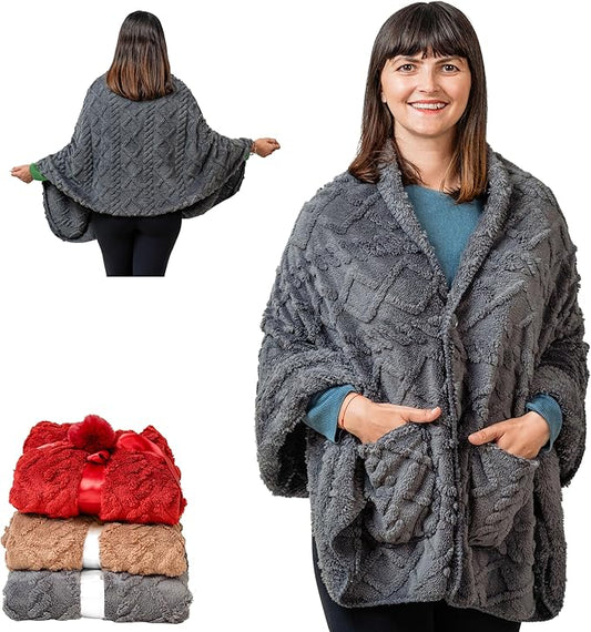 Boho Chic Wearable Blanket -No Sleeves Drape and Go - Lightweight Wrap Shawl - Lap Blanket - Gifts for Grandma and Mom (Jacquard - Anthracite)