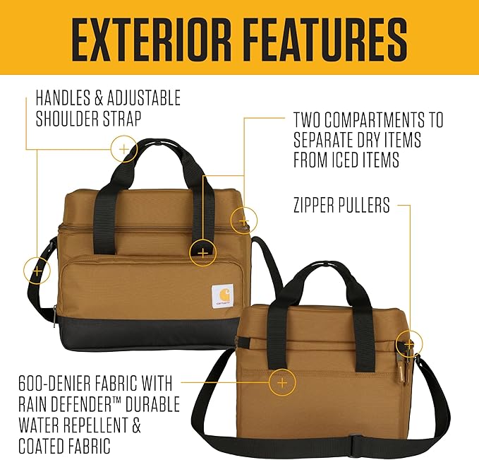 Carhartt Insulated Two Compartment Cooler, Durable Water Repellent Material W/Front Zippered Pocket for Camping, Beach & Travel