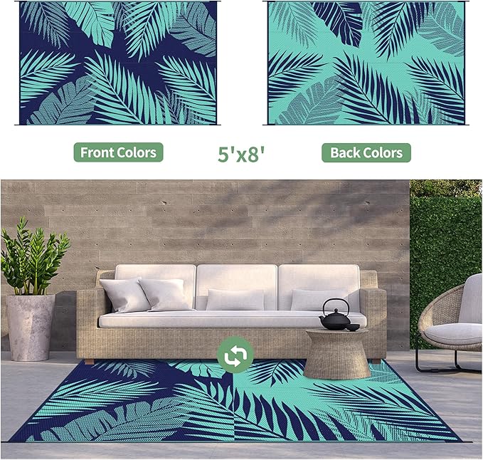 GENIMO Outdoor Rug 5' x 8' Waterproof for Patios Clearance, Reversible Outdoor Plastic Straw Camping Rug Carpet, Large Area Rugs Mats for RV, Camper, Deck, Balcony, Porch, Beach, Navy Blue&Jade Green