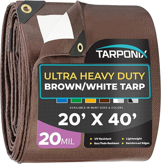 20' x 40' Ultra Heavy Duty Tarp – 20 Mil Brown/White Waterproof Outdoor Cover, UV Protection, Reinforced Corners, Ideal for Camping, Tent, and Outdoor Use