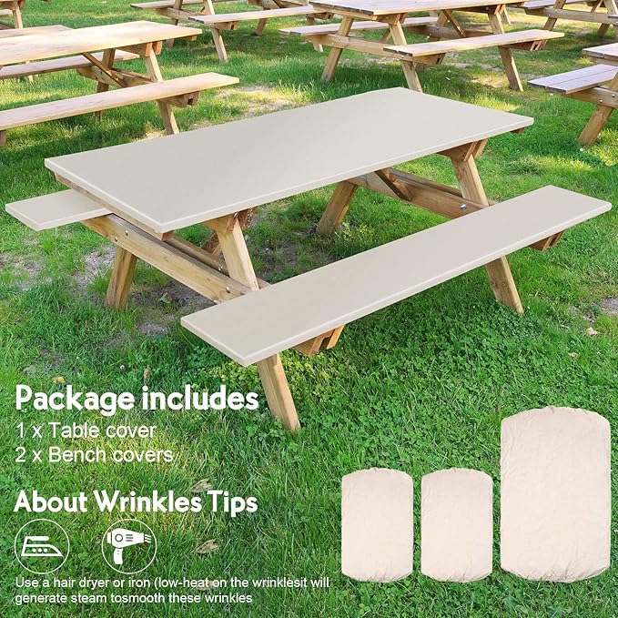3 Pcs Picnic Table and Bench Fitted Tablecloth Cover for 6 Ft Table 30 x 72 Inch Vinyl Fitted Elastic Edges Waterproof Wipeable Tablecloth for Indoor Outdoor Travel Picnics Patio Camping (Beige)