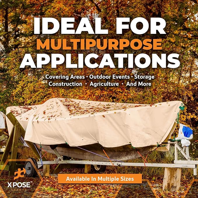 Heavy Duty Tan Poly Tarp 24' X 24' - Multipurpose Protective Cover - Durable, Waterproof, Weather Proof, Rip and Tear Resistant - Extra Thick 12 Mil Polyethylene - by Xpose Safety