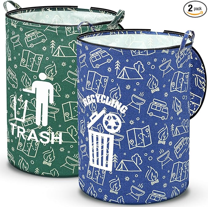 2 Pack Collapsible Trash Can Camping with Zippered Lid Foldable Storage Bin Portable Garbage Can for Outdoor Camping RV's Yard Waste (Trash and Recycling Style)