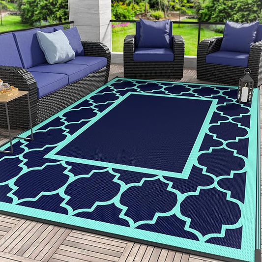 GENIMO 5 ' x 8 ' Outdoor Rug for Patio, Waterproof Indoor Outdoor Plastic Straw Rugs Carpet, Reversible Outside Area Mat for Camping, Balcony Porch, Deck, Picnic, Beach Navy Blue & Jade Green