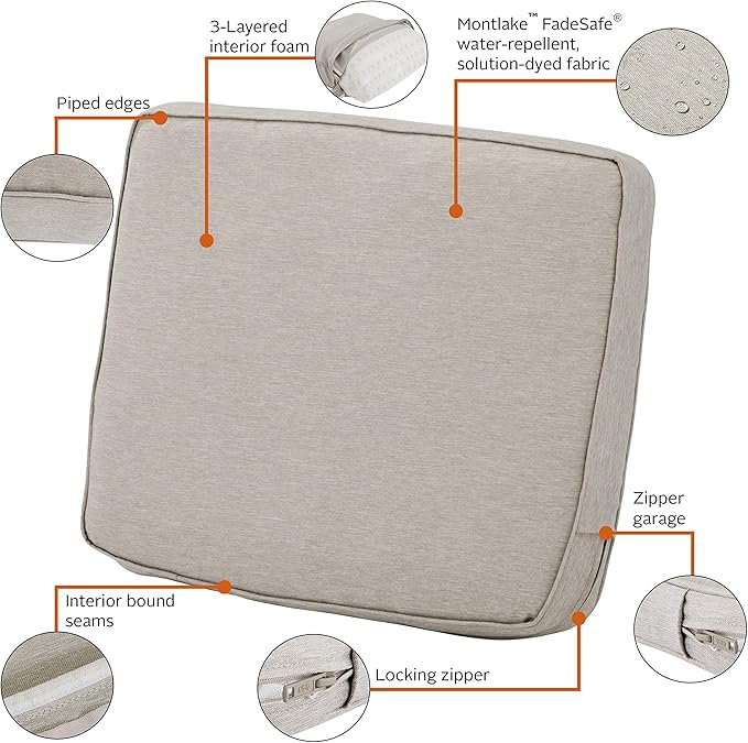 Classic Accessories Montlake Water-Resistant 25 x 22 x 4 Inch Patio Lounge Back Cushion, Heather Grey, Outdoor Loveseat Cushions