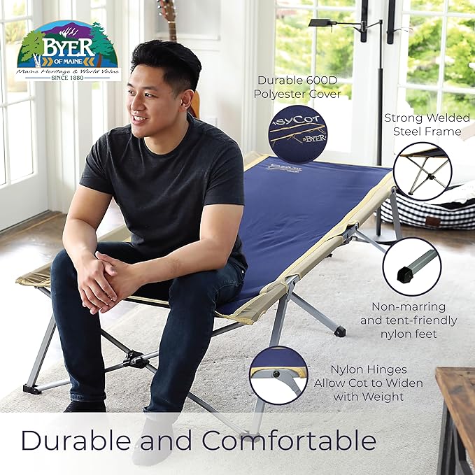 BYER OF MAINE Easy Cot - Extra Large Folding Cot - Heavy Duty for Indoor and Outdoor Use - Bed for Adults - 78”L X 31”W X 18”H - 330 lb Capacity