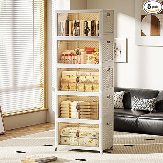 660 QT / 165 Gal Collapsible Storage Bins with Wheels & Magnetic Doors - Stackable Plastic Cabinet Organizer for Home, Garage, Closet (White Space-Saving Containers)