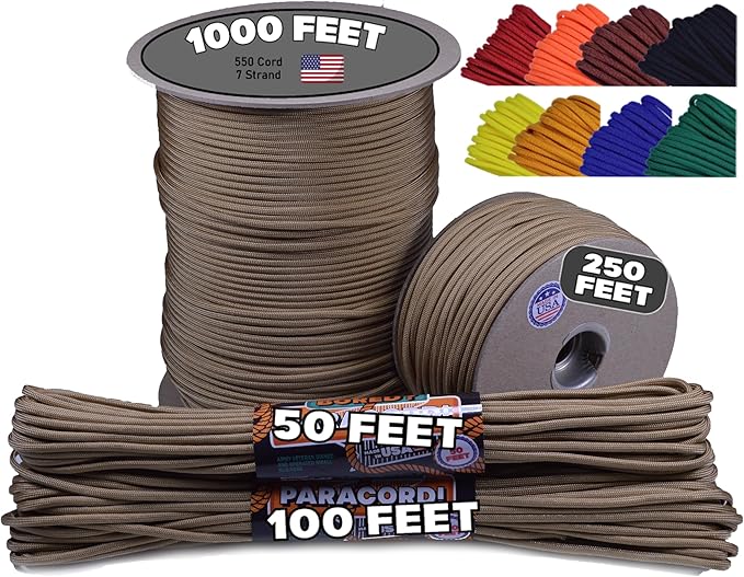 BORED? PARACORD! 550 lb Paracord - Ideal for Crafting, Camping, DIY Projects, Active & Military Outdoors - Strong Survival Rope - Tactical Parachute Cord Type III - Gold 1000 Feet