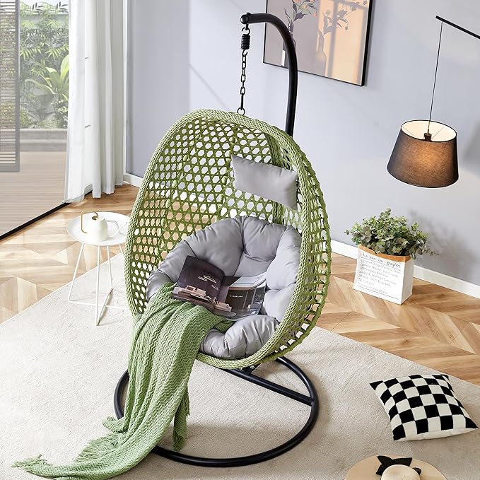 JUFU Egg Swing Chair with Stand for Outdoor and Indoor, Patio Hanging Basket Chair with Cushions and Pillow, Hammock Chair for Bedroom, Balcony, Garden,Durable Aluminum Steel Frame