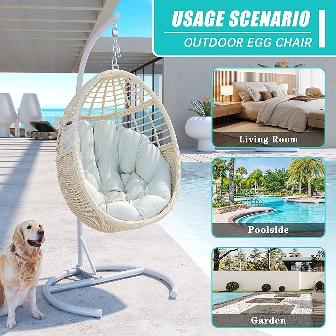 Egg Swing Chair with Stand: Hand Woven PE Rattan Hanging Chairs Hammock - Indoor Outdoor Swinging Lounger with Soft Cushion for 330lbs Patio Balcony Garden Living Room Bedroom Porch, Beige