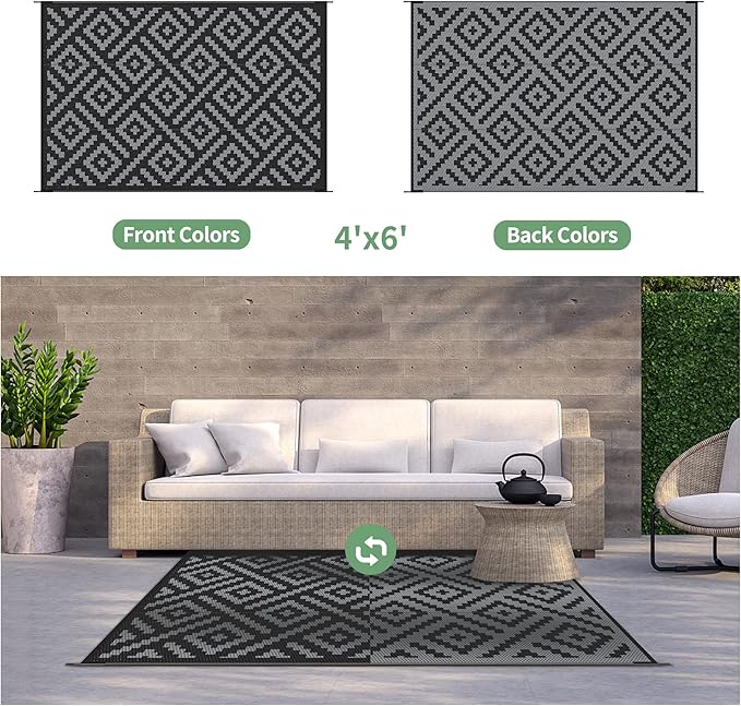 GENIMO Outdoor Rug 4x6 Waterproof, Reversible Mats, Outdoor Area Rug, Plastic Outside Carpet, Eeometric Rv Mat for Patio Camping Rv Picnic Backyard Deck Balcony Porch Beach (Black & Grey)