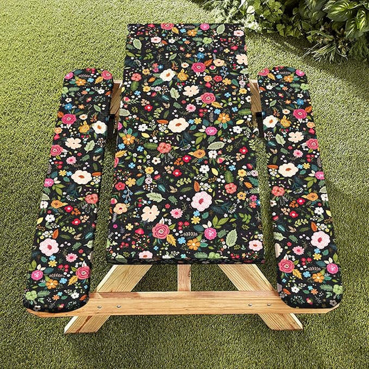 famibay 3 Piece Picnic Table Cover and Bench Covers Black Floral Polyester Camping Tablecloth, Windproof Reusable Fitted Picnic Table Covers with Elastic(12”x72+30”x72”)