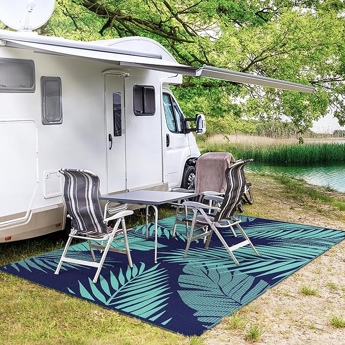 GENIMO Outdoor Rug 8' x 10' Waterproof for Patios Clearance, Reversible Outdoor Plastic Straw Camping Rug Carpet, Large Area Rugs Mats for RV, Camper, Deck, Balcony, Porch, Beach, Navy Blue&Jade Green