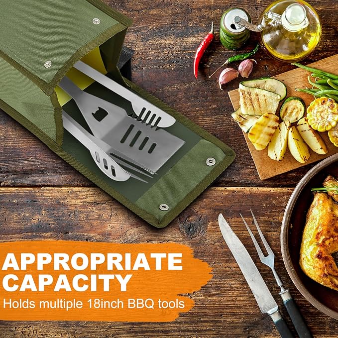 Amylove 2 Pcs Grill Utensil Storage Bag Waterproof Barbecue Grill Tool Accessory Storage with Zipper Foldable Extra Thick Oxford Cloth BBQ Tool Carry Bag for Camping Hiking Barbecue Outdoor(Green)