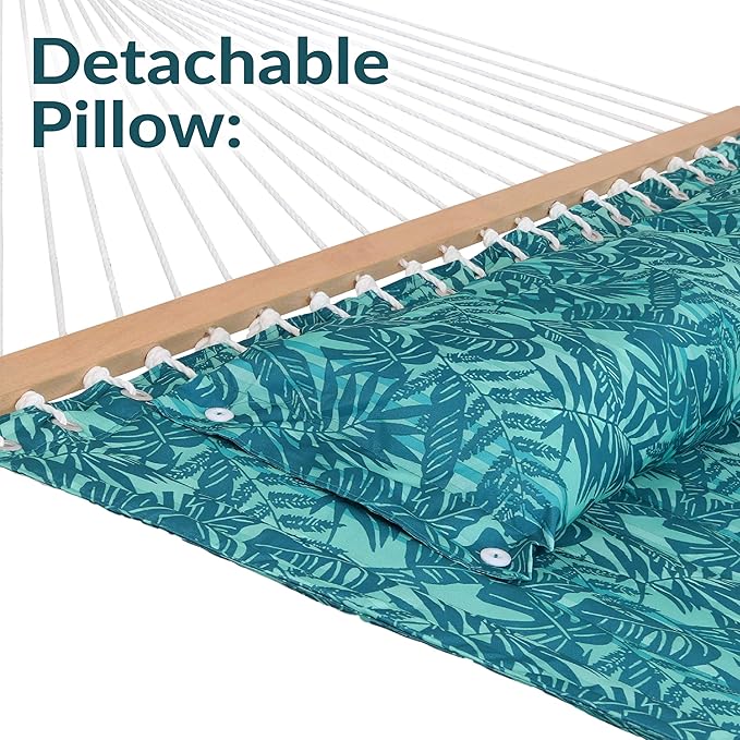 Sunnydaze Quilted Outdoor Hammock with Spreader Bars - Heavy-Duty 450-Pound Capacity Double Hammock for Outside - Cool Blue Tropics