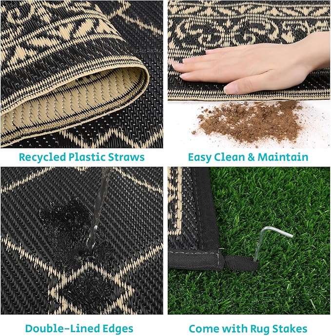 HEBE Outdoor Rug Waterproof 9x12, Reversible Plastic Straw Rug RV Camping Rug, Indoor Outdoor Patio Mat Clearance, Outside Carpet for Porch,Deck,Camper,Balcony,Backyard,Picnic