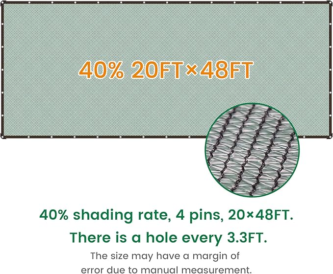 40% 20 X 48 FT Green Shade Cloth, Outdoor Woven Sun Shade with Grommets, Durable Breathable Netting Shading Antifreezing for Patio, Garden, DIY Home, Plants Cover, Greenhouse, Dog Kennel